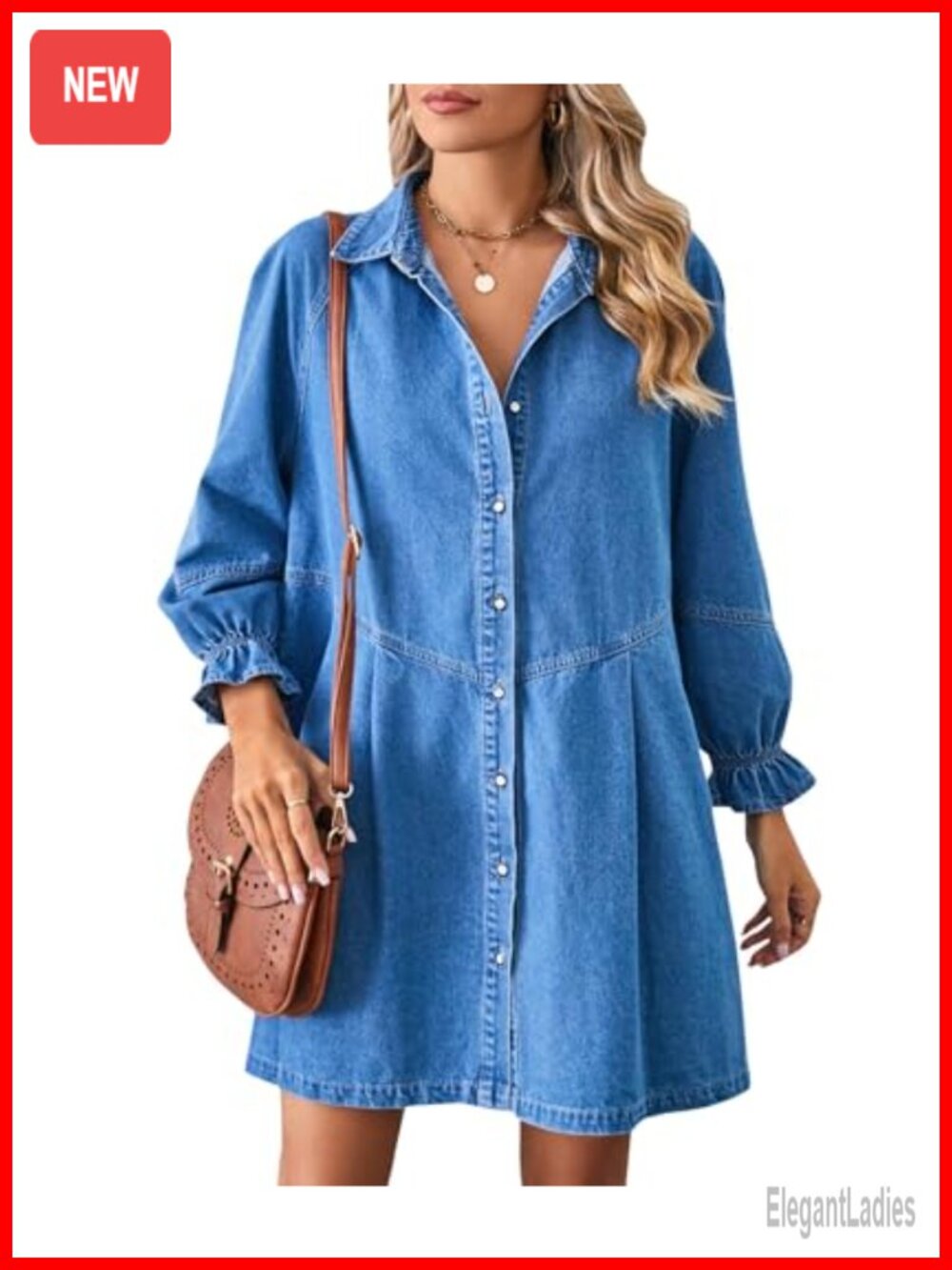 Women's Button Down Denim Mini Dress Long Sleeve A Line Ruched